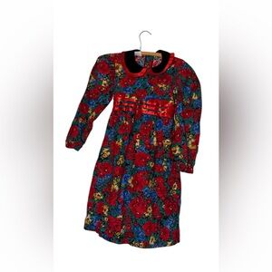 Vintage Polly Flinders Red green black sz 10 Floral Long-Sleeve Dress